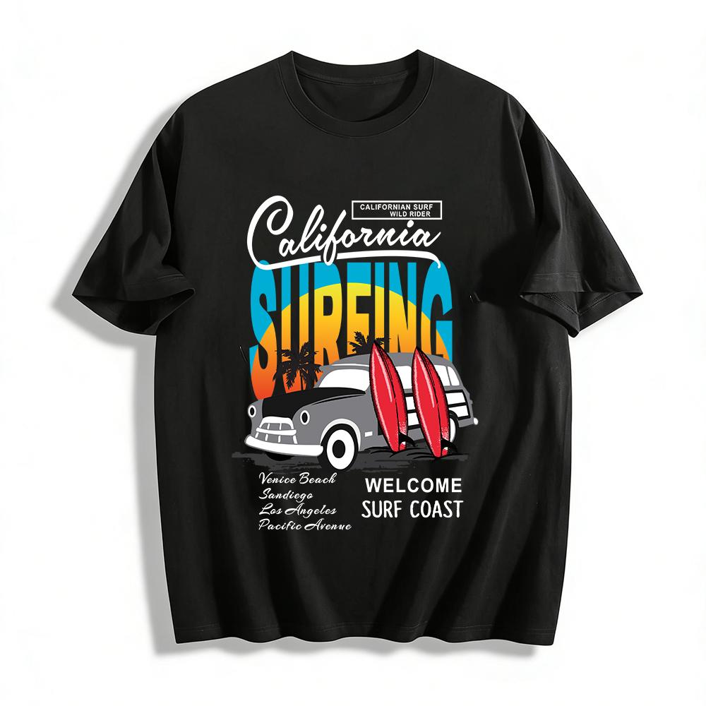 Vintage Surfing Style Classic Car Print Unisex Short Sleeve T-Shirt Pure cotton T-shirt XXS