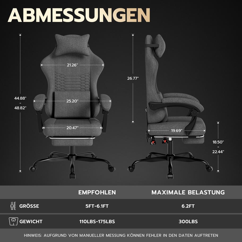 Gaming Chair Fabric Office Chair, Massage Gaming Chair with Headrest, Ergonomic Racing Gaming Seat with Footrest (dark grey)