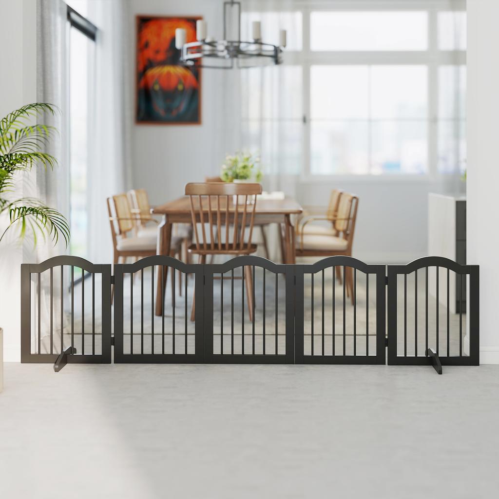 Dog Gate, Freestanding Barrier Gate with Feet, Foldable Dog Gate, 5 Panels, 261.5 x 29.5 x 61 cm, Black