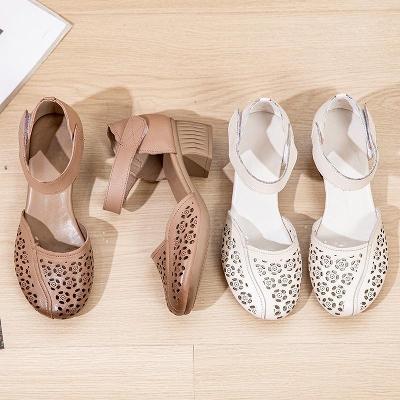 Sandals Women's Outer Wear New Summer Thick High-heeled Velcro Bag Head Sandals First Layer Cowhide Casual Hollow Mother Shoes