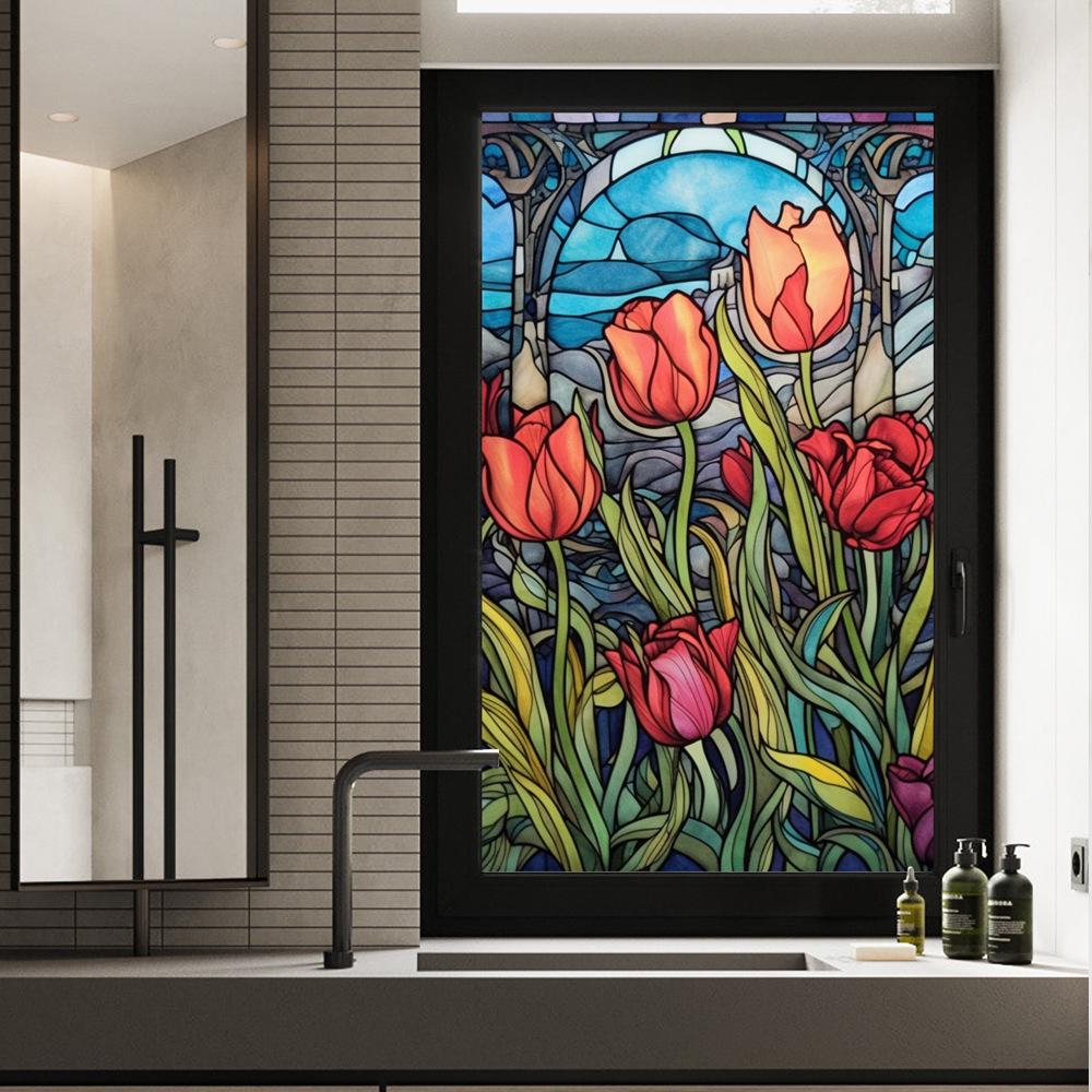 Colorful Retro Floral & Bird Static Cling Window Film - No Glue, Removable
