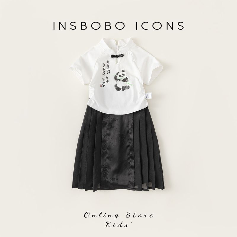 Insbobo Girls Summer Outfit Set, New Children s Hanfu Style Horse-Face Skirt Two-Piece Set with Panda Print Baby Clothing White+Black 80