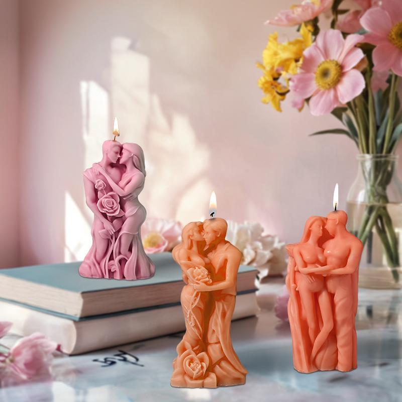 3D Valentine's Day Candle Mold DIY Handheld Rose Couple Kiss Sculpture Aromatherapy Gypsum Mold Chocolate Cake Baking Decor Gift