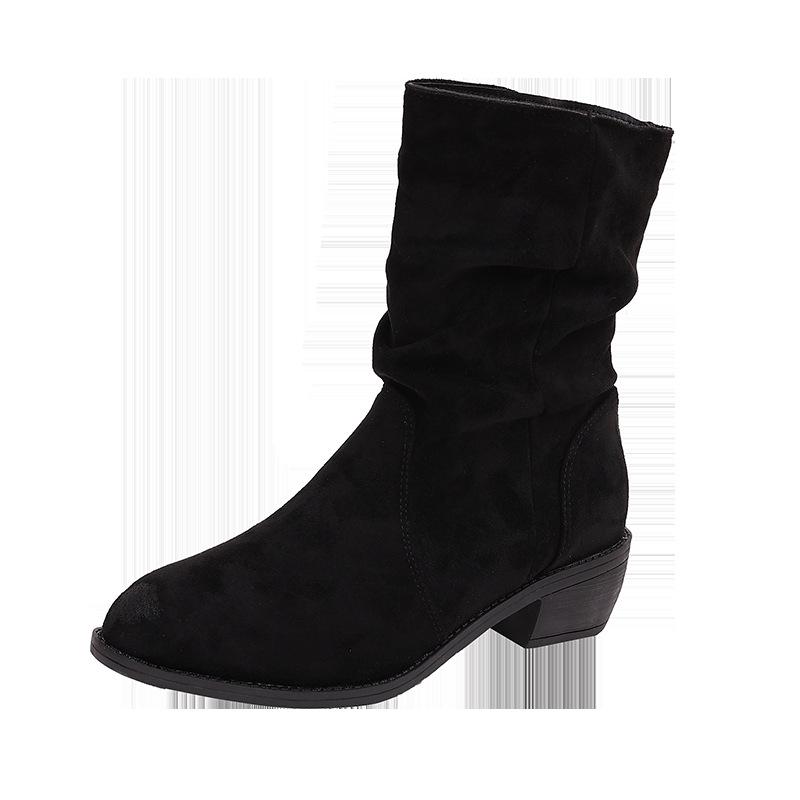Pointed thick heel stack boots 2025 autumn Korean version of the new thin elastic boots temperament suede middle heel fashion Martin boots