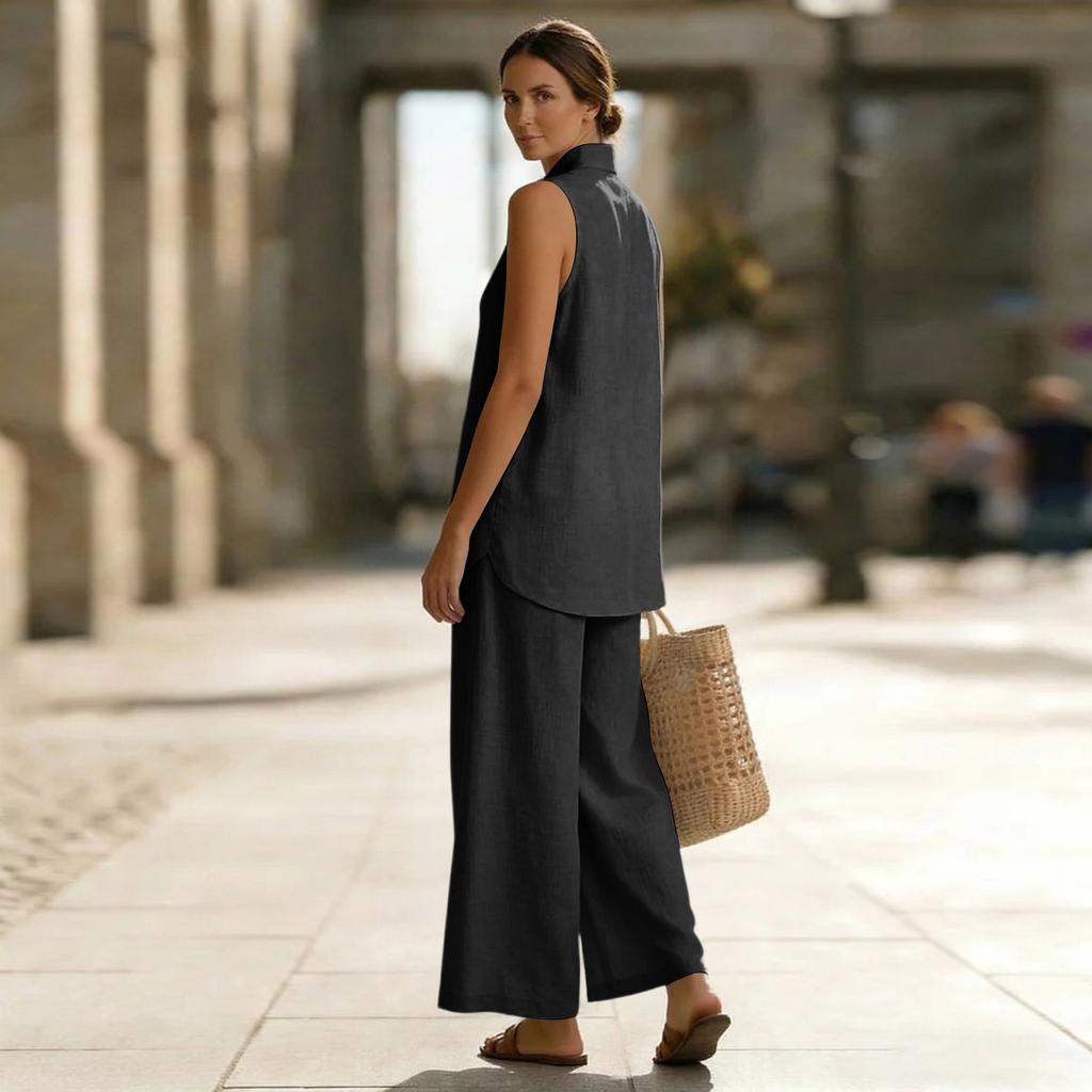 Women Sleeveless V Neck Loose Tank Top Pullover High Waist Wide Leg Pants Set Casual Two Piece Outfit for Daily Wear