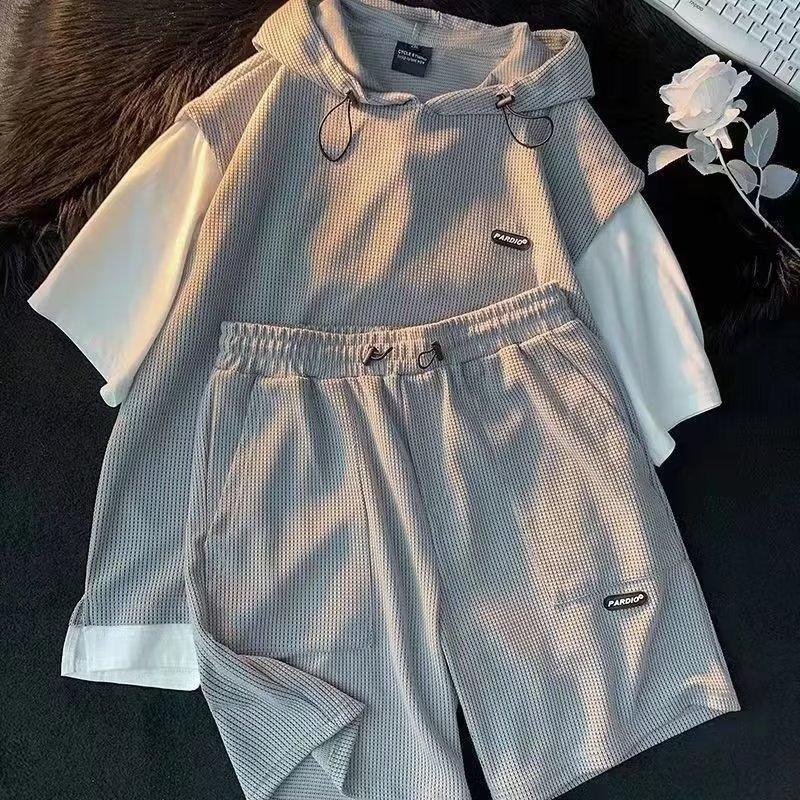 Jugend Sportanzug Frühling Sommer Teenager Kurzarm Kapuzen T-Shirt + Shorts Hübsch Übergröße Zweiteiliges Set