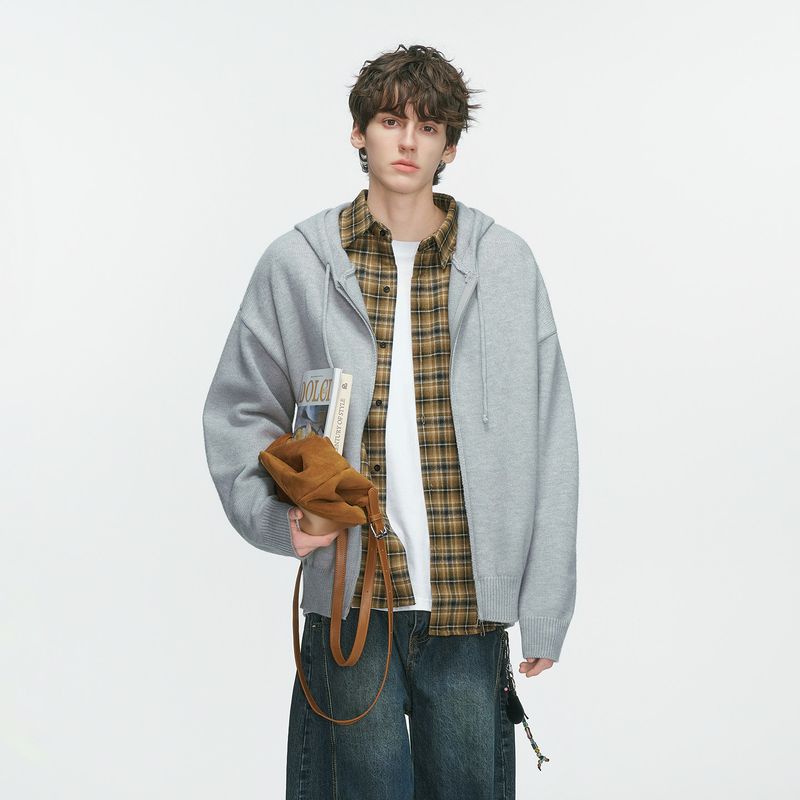 Dream Made American Retro Cleanfit Hooded Cardigan Knitwear for Men in Autumn and Winter, Lazy Style Knitwear