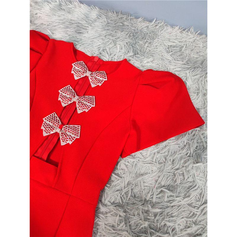 French Atmosphere Classy Design Annual Meeting Birthday Party Accessible Luxury Bows Diamond Decorations Heavy Industry Hip Bag Bandage Dress