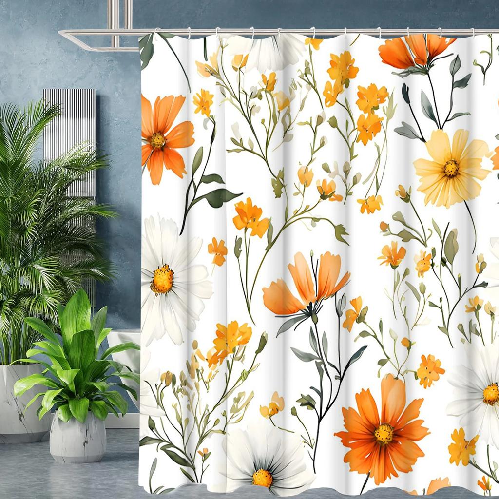 Yellow Flowers pattern Bathing Curtain  Bathroom Shower Curtain Waterproof With 12 Hooks Home Deco