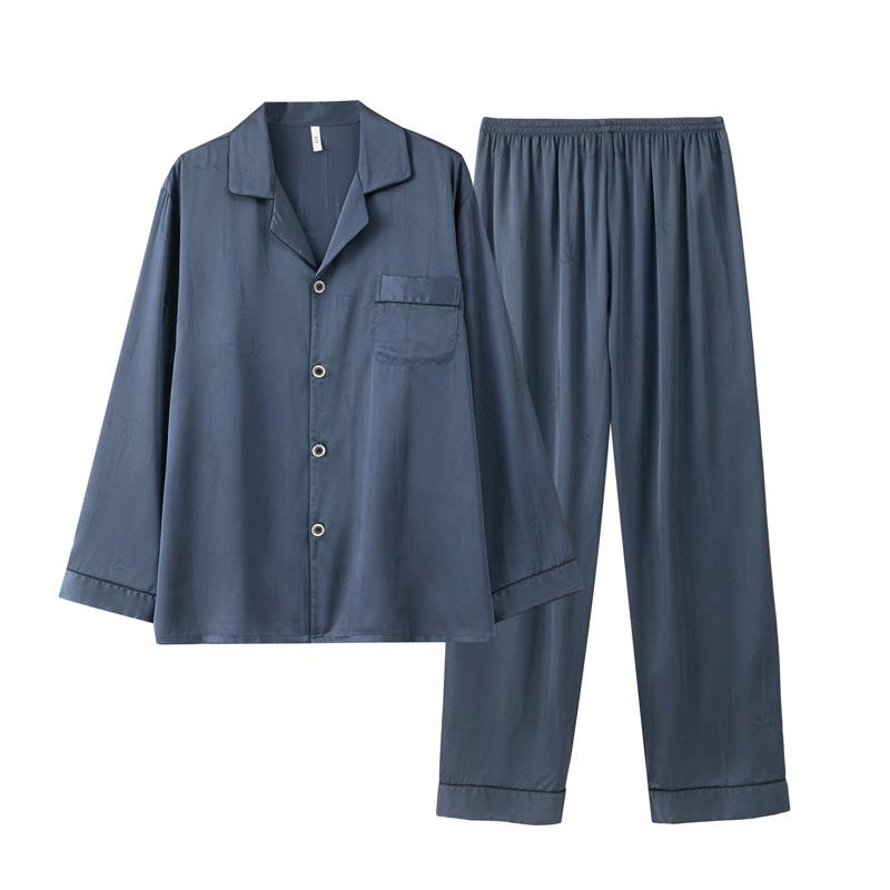 Ice silk pajamas men's summer 1011 new long-sleeved large-size solid-color men's loungewear suit can be worn outside in summer