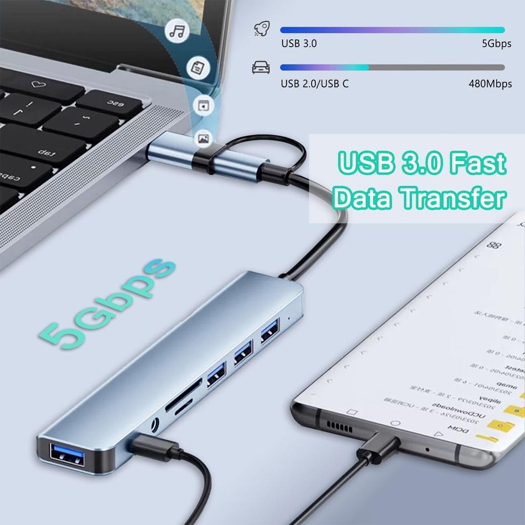 8-IN-2 USB A & USB C Hub Type-C Docking Station Multiport Adapter USB 3.0 Fast Data Transfer SD TF