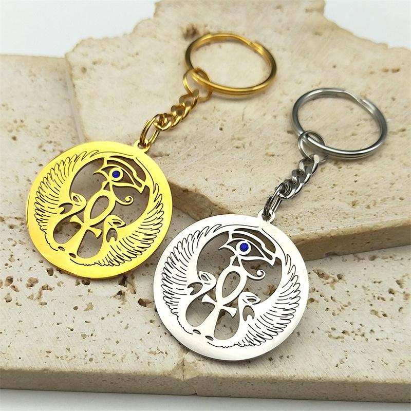 Egyptian Ankh Cross Eye Of Horus Key Chain for Women Men Stainless Steel Gold Color Blue Eye Amulet Key Ring Jewelry K8074