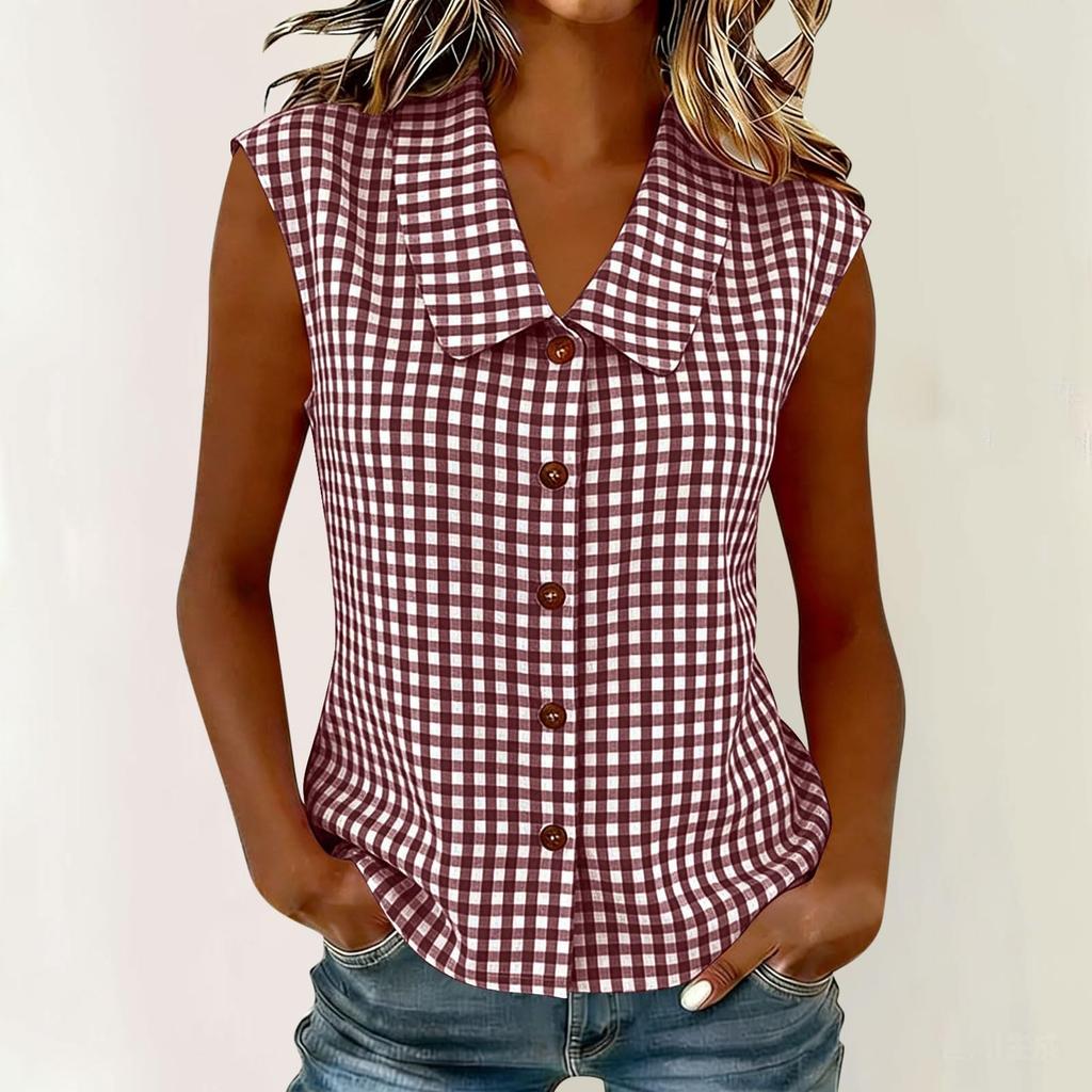 Women's Casual Plaid Sleeveless Collared Top