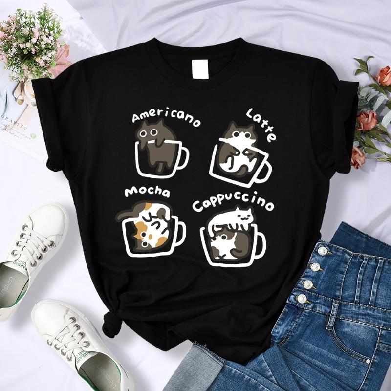 

Cat Coffee Art Letter Printed T-Shirts Women Breathable O-Neck Tee Shirts Loose Short Sleeve Soft Street Casual Clothes Female XXXL темно-синього кольору