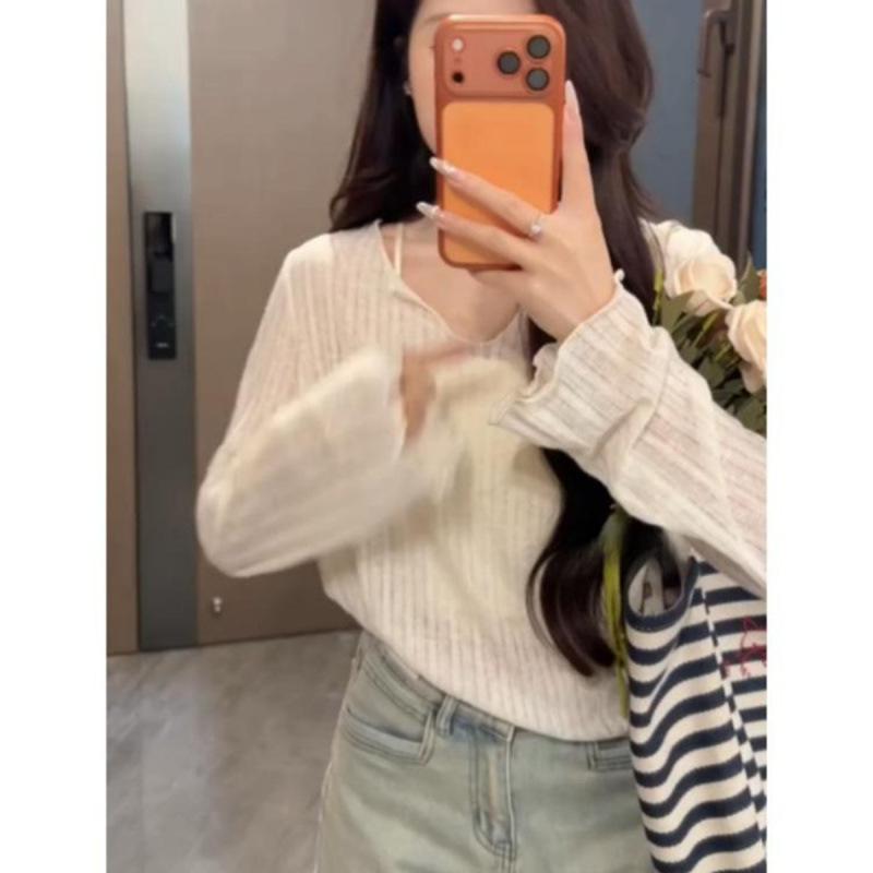 Korean loose milk white big neckline T-shirt women's summer fungus edge stacked wearing sunscreen blouse slightly transparent v-neck top