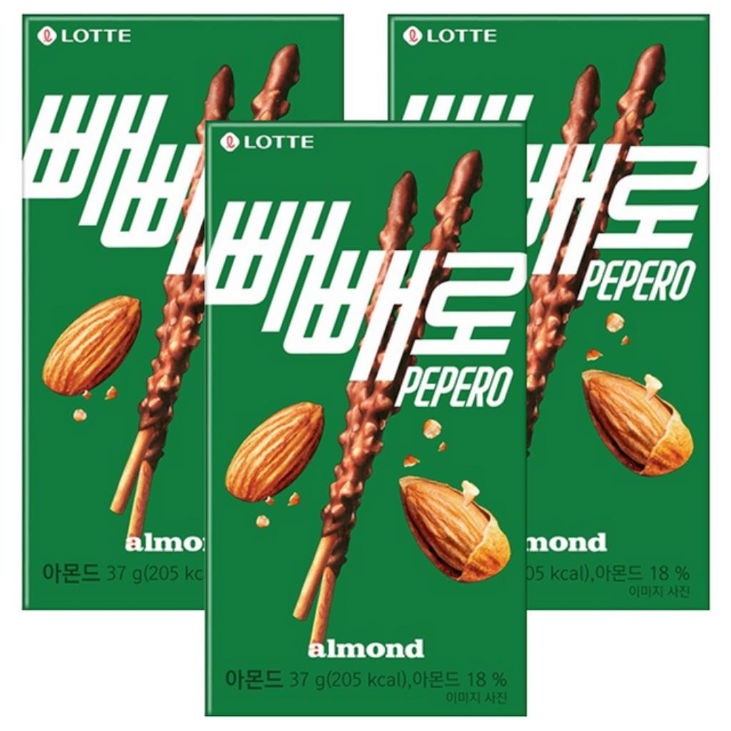 [LOTTE] Pepero Čokoládové sušenkové tyčinky 3 krabičky Sada Korejská svačina 6 příchutí Originální čokoládové Plněné Mandlové Křupavé Jahodové Bílé sušenky Almond × 3 white