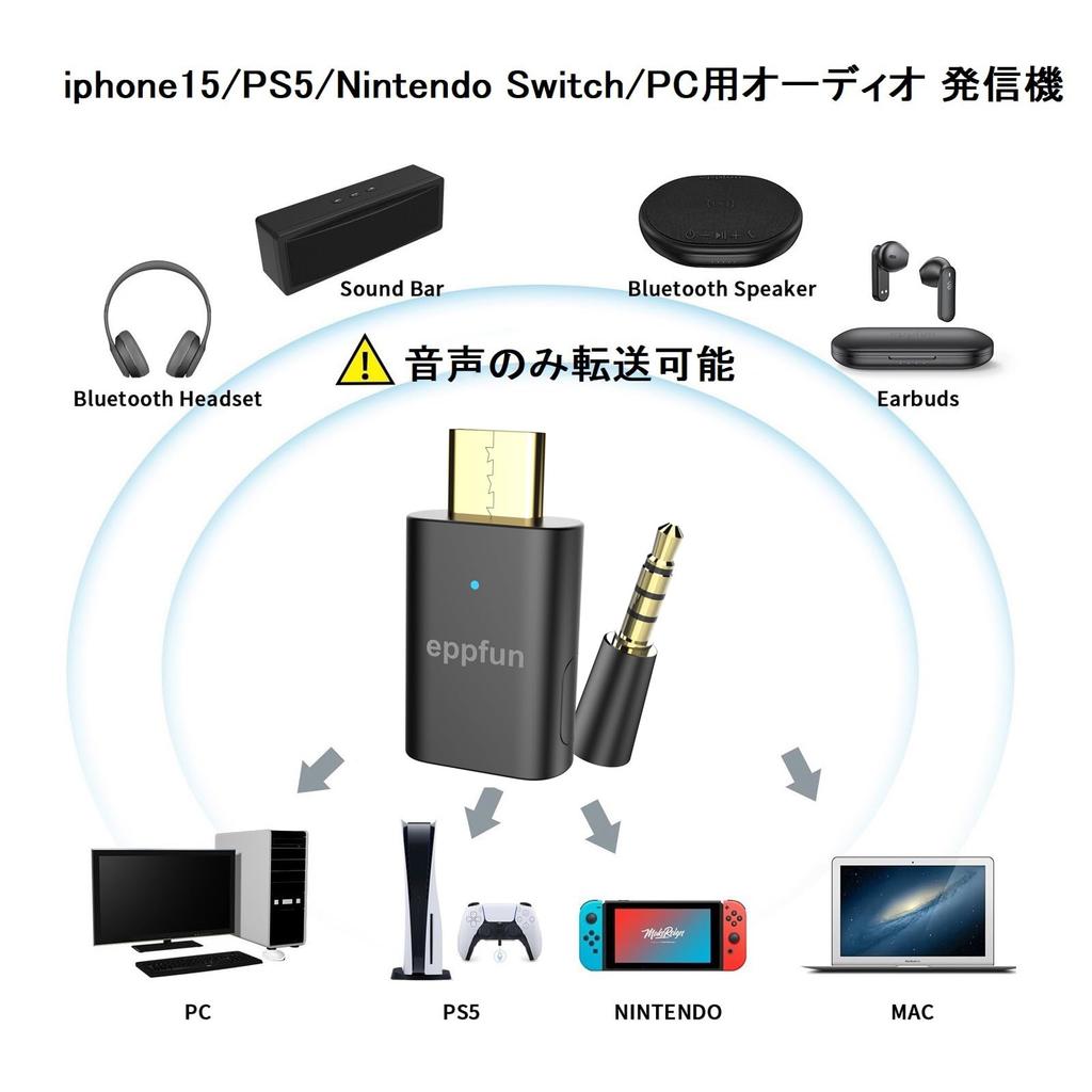 eppfun 3rd Generation Bluetooth LE Audio Transmitter with LC3 APTX Lossless Adaptive Compatible for iPhone 1615 Pro Switch and PC 5.4 USB-C MAX, PS5,