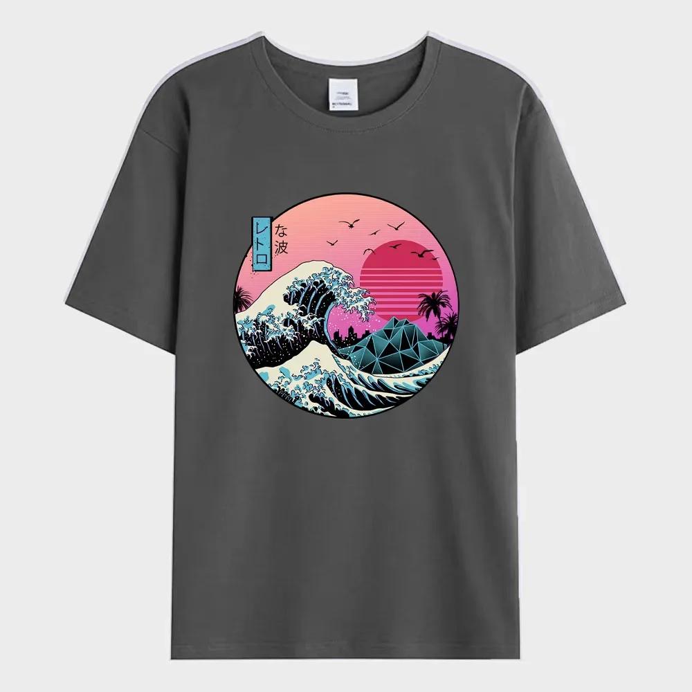 Camiseta Masculina de Verão Ondas do Pôr do Sol no Japão Camiseta Estampada Moda 100% Algodão Manga Curta Camiseta Oversized Roupas Masculinas