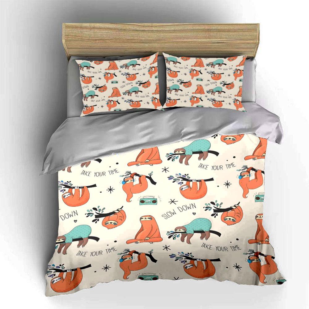 Sloth Pattern "Take Your Time" Bedding Duvet Cover Set  (1*Duvet Cover 2*Pillowcases, without duvet insert)