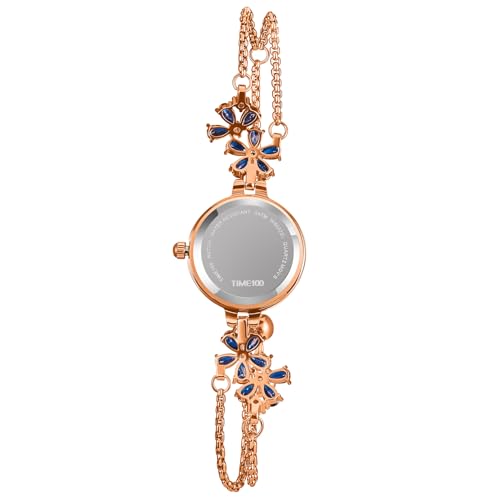 Time100 Sommer Damen Armbanduhr Japanisches Quarz Armband Stil Facettiertes Glas Kristallverzierter Riemen Wasserdichte Uhr Geschenkbox (Blaue Farbe)