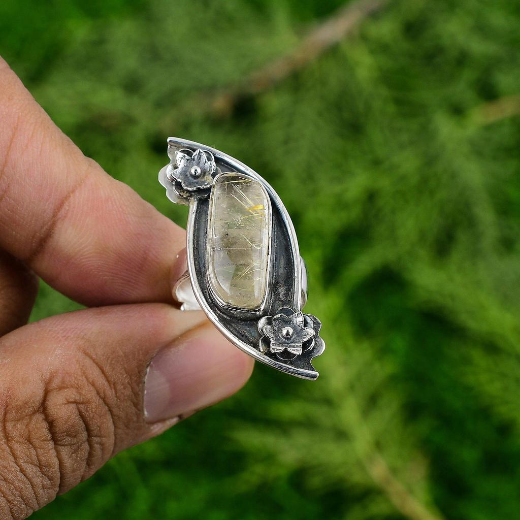 925 Sterling Silver Natural Golden Rutile Multi Stone Flower Promise Bezel Ring