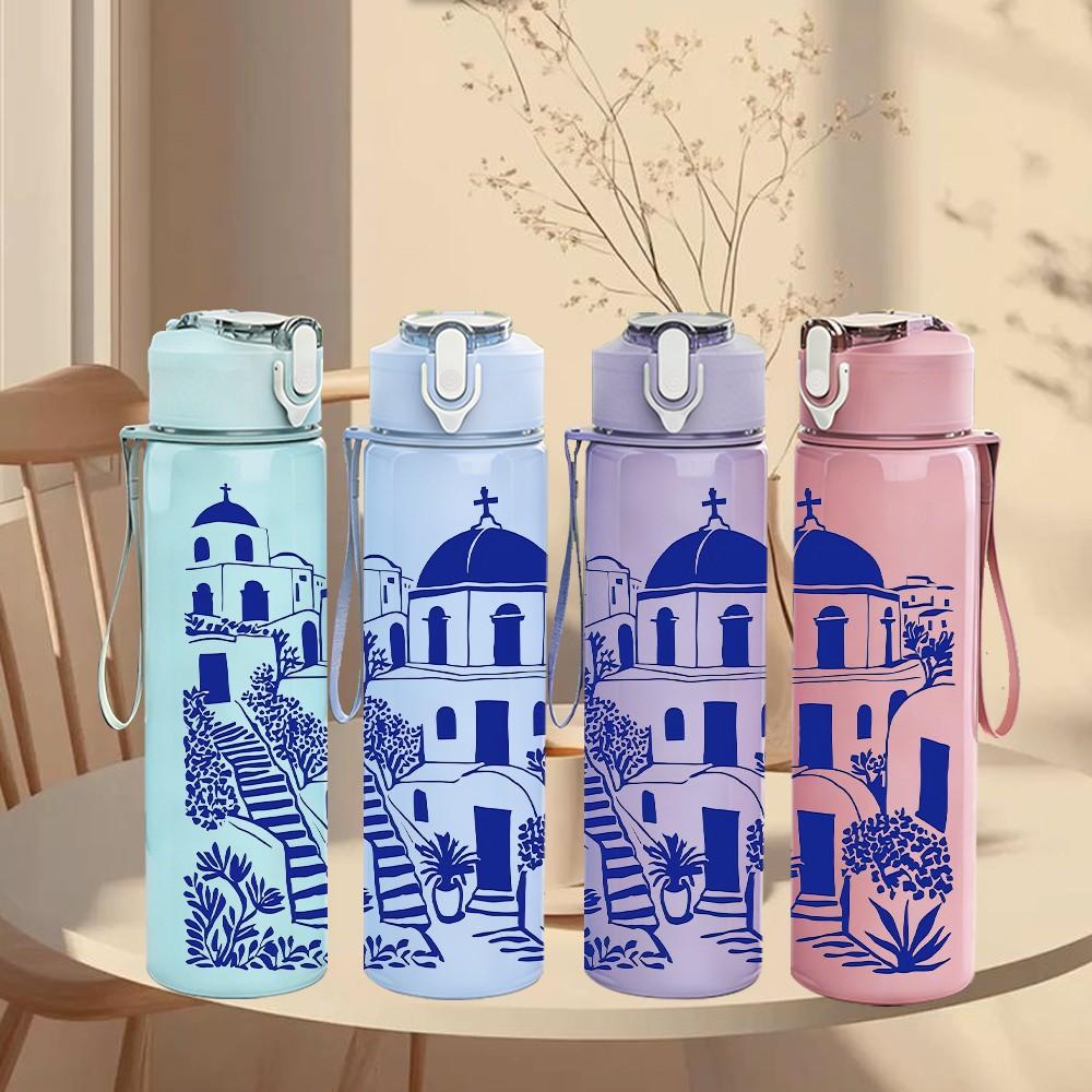 1 PZ Blu Santorini Edificio Stampa Mediterranea 750ml Colore Plastica Borraccia Sportiva Anti-perdita Tappo a Beccuccio Ribaltabile Adatta per Sport Ufficio Uso Domestico