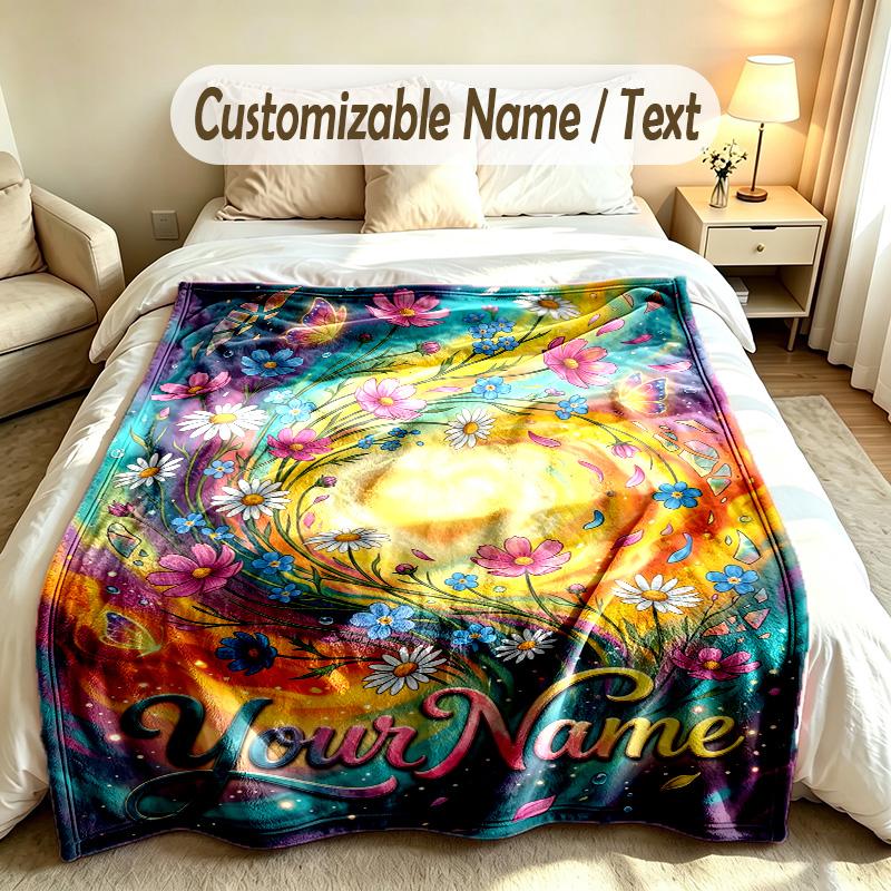Floral Garden Theme Soft Blanket Personalized Custom Name Text Print Warm Blanket Home Sofa Bedroom Decor