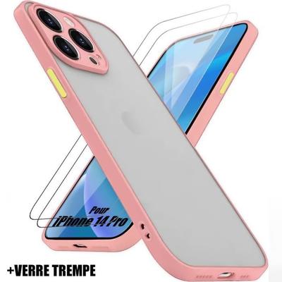 Protective Case - E.F.CONNECTION - for iPhone 14 Pro - Matte Pink Silicone - 2 Tempered Glasses - Shockproof