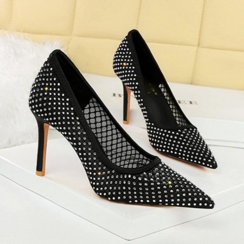 Women'S Pumps And Heels Rhinestone Mesh High Heels For Women Pointed Toe Light Luxury Dress Wedding Shoes Stiletto Single Shoes