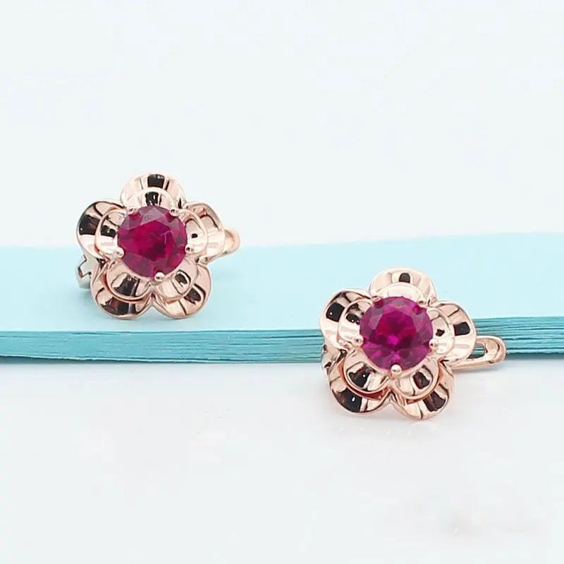 Purple Gold Inlaid Redstone Plated Rose Gold Flower Earrings Simple Luxury Temperament Design Ear Buckle