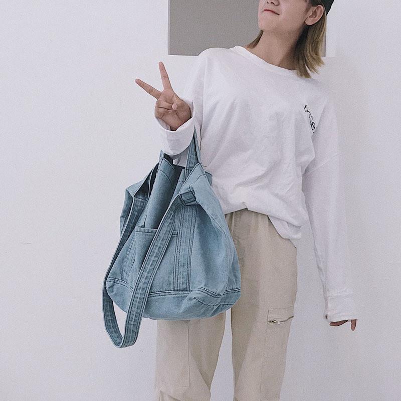 IELGY Denim Bag Large-Capacity One-Shoulder Messenger Korean Version Trendy All-Match Handbag