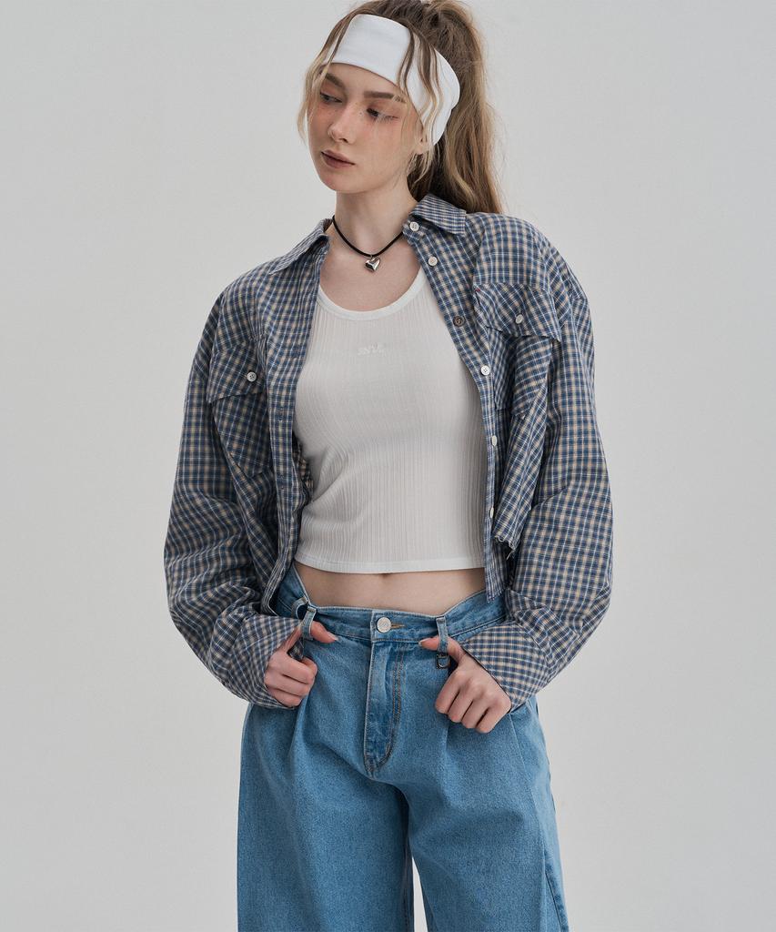 Jenyujeu Z Crop Check Shirt - Blue