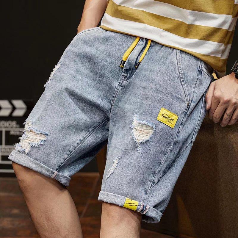Men's Trendy Loose Fit Denim Shorts, Casual Korean Style with Elastic Waist & Ripped Design.