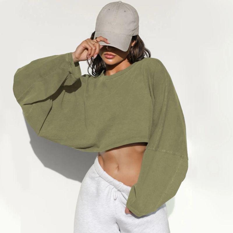 2025 Cross-Border Navel round Neck Hoodie European and American Women clothes Short Sports Bottoming Shirt T-shirt Knit Long sleeve Top