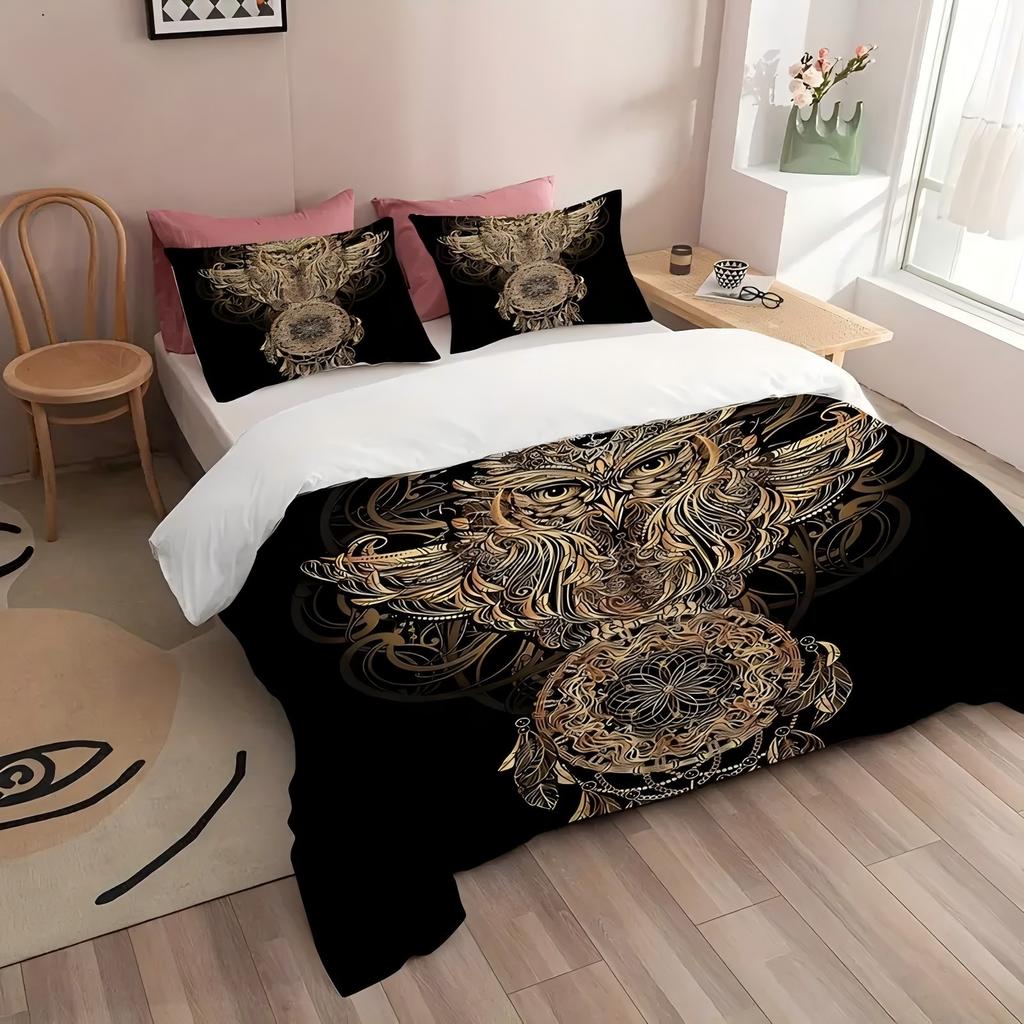 Comforter Golden Abstract Owl Pattern 3D Printed Retro Style Breathable Bedding Set Luxury Home Textile