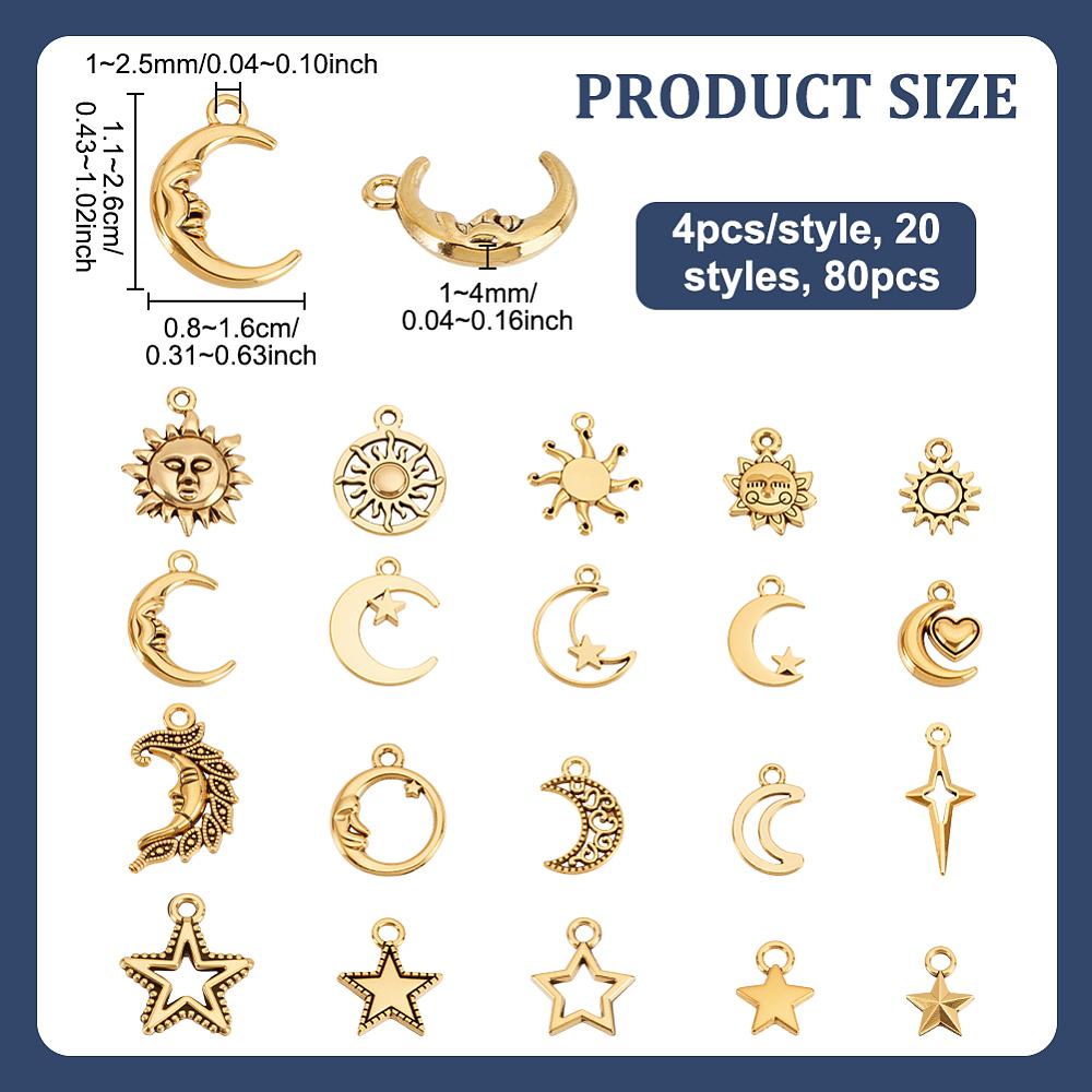 80Pcs 20 Styles Tibetan Style Alloy Pendants Moon and Sun and Star Series Pendant Set Antique Golden 11~26x8~16x1~4mm Hole: 1~2.5mm 4pcs/style