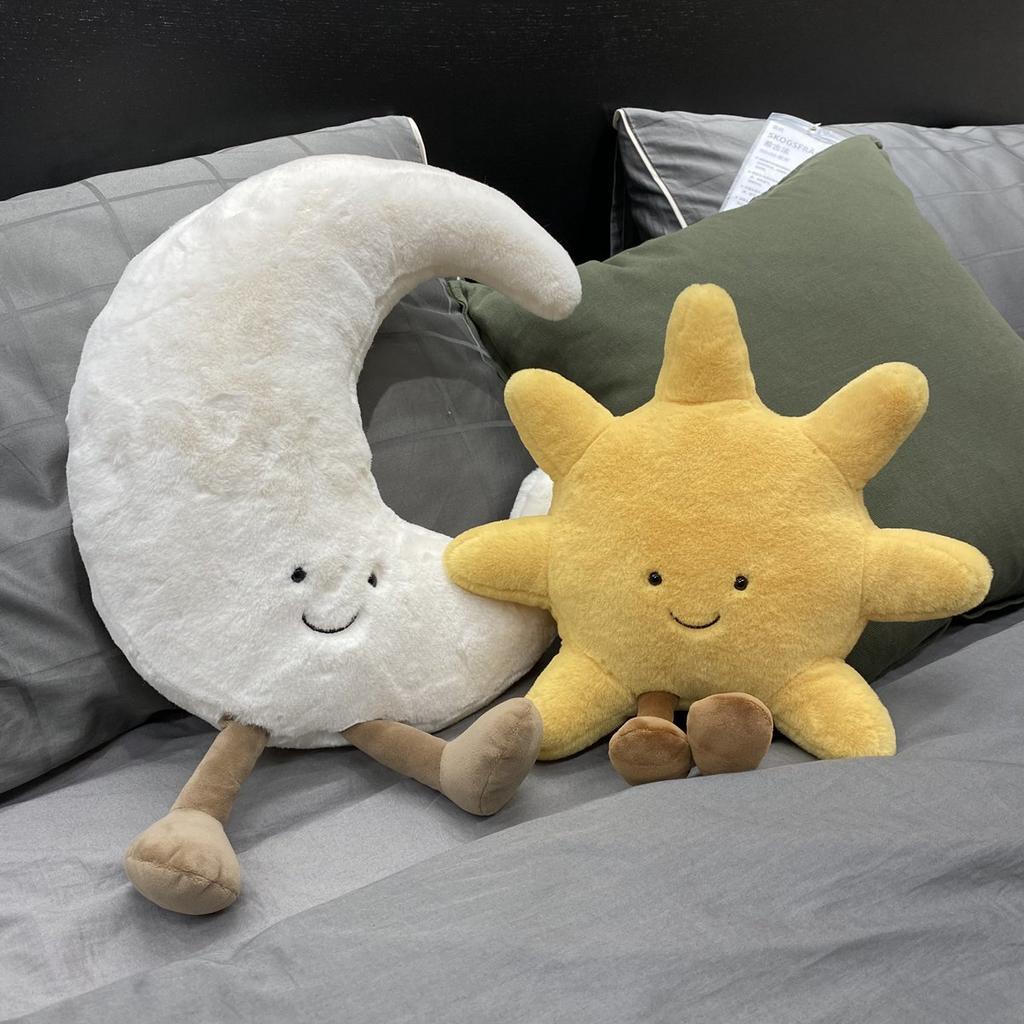 Adorable cara sonriente, luna blanca, sol amarillo, peluche de peluche, lindo juguete de peluche con dibujos del clima para decoración de dormitorio infantil, sofá, almohada
