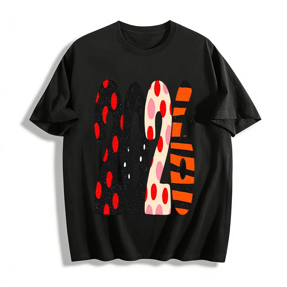 2026 New Year Polka Dot Stripe Print Casual Unisex Top Pure cotton T-shirt XXS