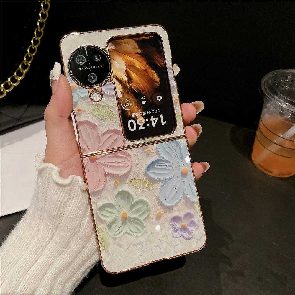 Luxury Gold Plating Painting Flower Case For OPPO Find N3 Flip Find N2 Flip Shockproof Hard Back Cover Fundas