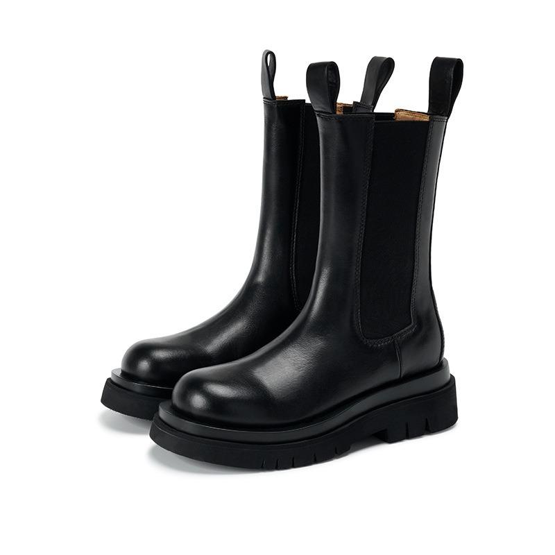 Classics Height Increasing Ankle Boot Women's Round Toe Black Leather Mid-Calf Boot Elastic Band British Style Women Shoes 35-40