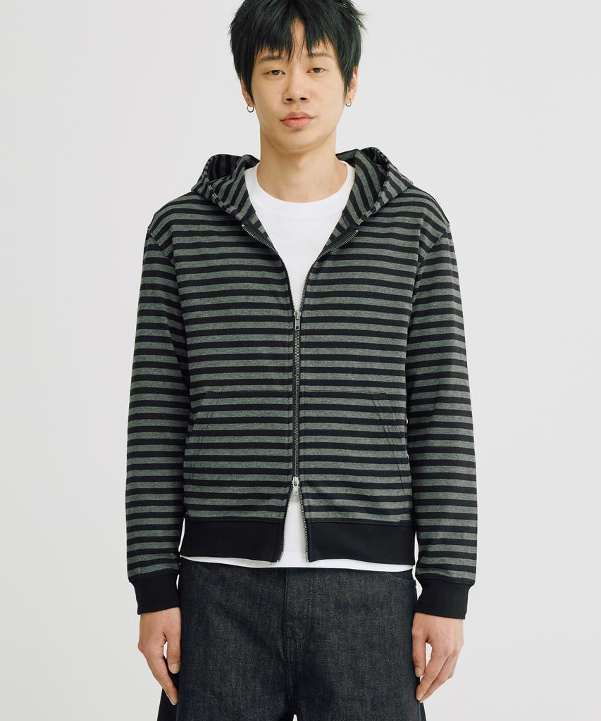 Takeasy [Crop T-Shirt Added] Striped Crop Zip-Up Hoodie (Charcoal)