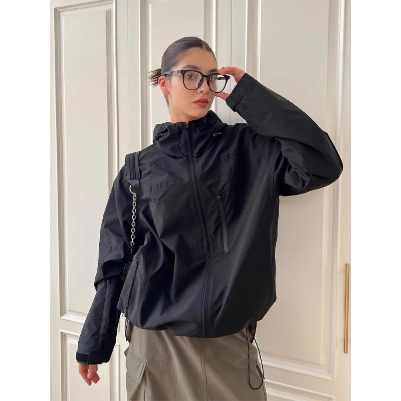 

Ветровка, женская осенняя винтажная куртка с капюшоном, женская повседневная свободная уличная куртка на молнии, женская верхняя одежда в нейтральном стиле S чёрный