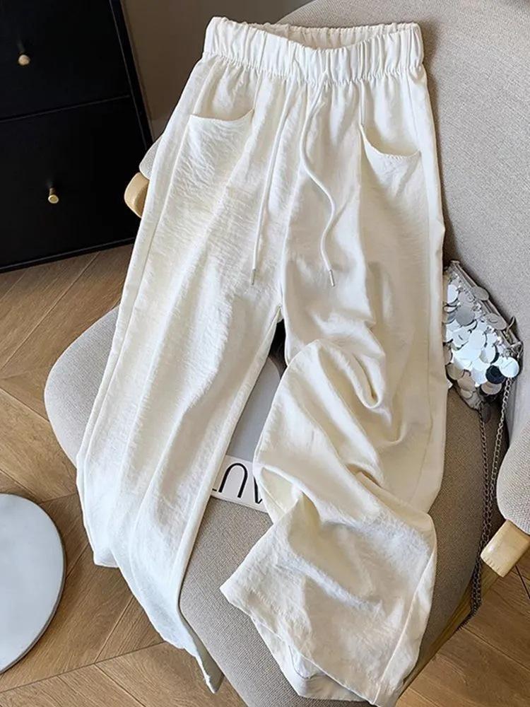 Women's Summer Loose Drawstring Wide-Leg Pants: Lazy Style, Slimming, Floor-Length, Versatile, Casual Drape