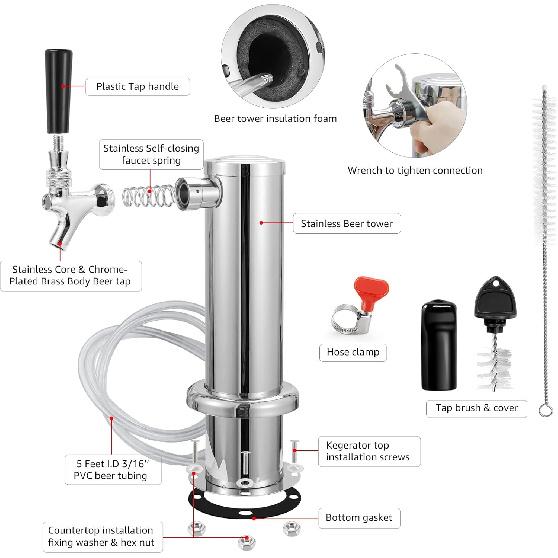Single Tap Draft Beer Tower, Support Countertop and Kegerator Installation, Stainless Core Beer Faucet Stainless Steel 3'' Flange Brewing Tower