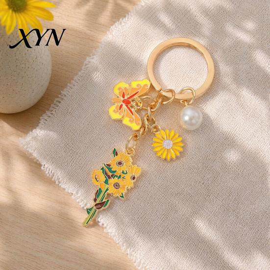Enamel Pendant Keychain with Round Imitation Pearls, Flower Butterfly Charm Key Ring, Pastoral Style Layered Holder