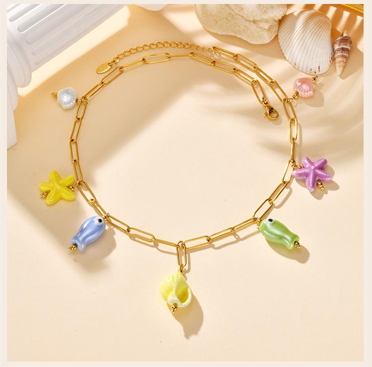 Ceramic Starfish Fish Conch Dolphin Drop Y2K Necklace, Women's Stainless Steel Chain Adjustable, Notarnish Resistant Jewelry