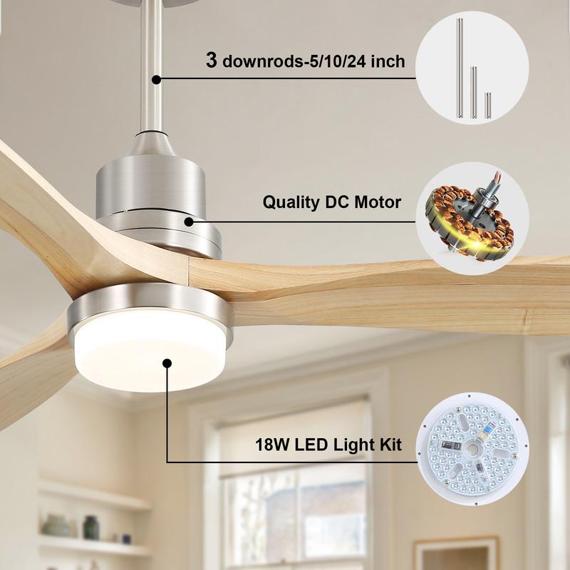 Sofucor 132cm Solid Wood Ceiling Fan with Light  For Bedroom and Living Room