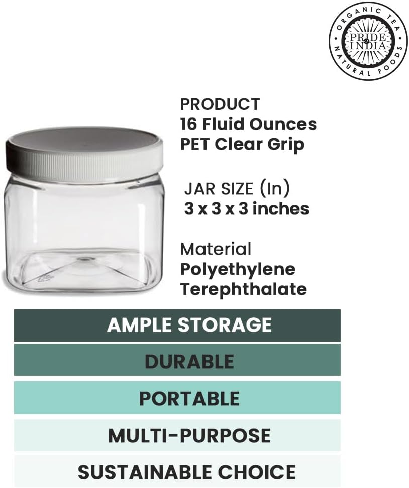 Klares PET Quadratisches Vorratsglas, 16 oz, Luftdicht & Leicht zu Greifen, Fassungsvermögen für Zucker, Gewürze, Nüsse, Samen, Tierleckerlis