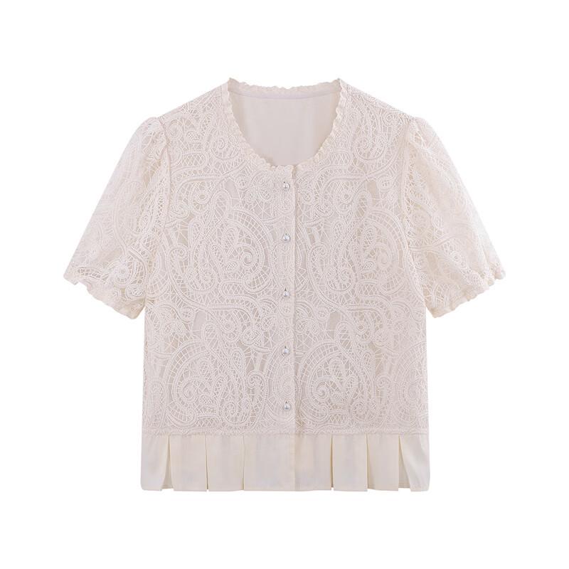 Elegant French Style Lace Patchwork Round Neck Blouse