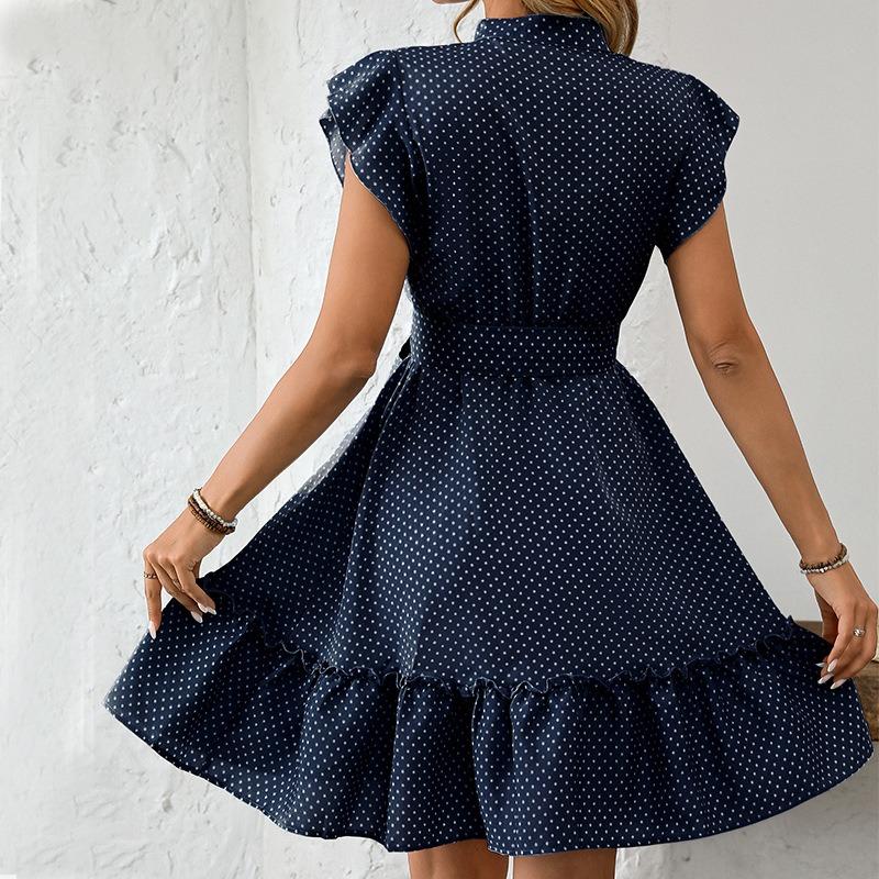 Women Polka Dot Ruffle Short Sleeve Lace Up A Line Casual Vacation Dress